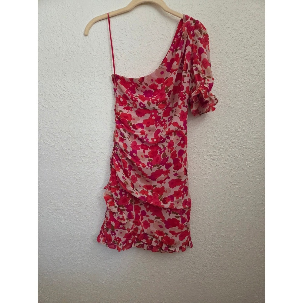TCEC Women Pink Red Floral One Shoulder Ruched Ruffle Mini Dress CD02597 Size S
